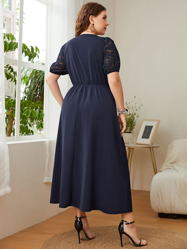 [Plus Size] Dark Blue 1930s Puff Sleeve Solid Dress
