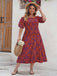 [Plus Size] Red 1940s Off-Shoulder Printed Dress