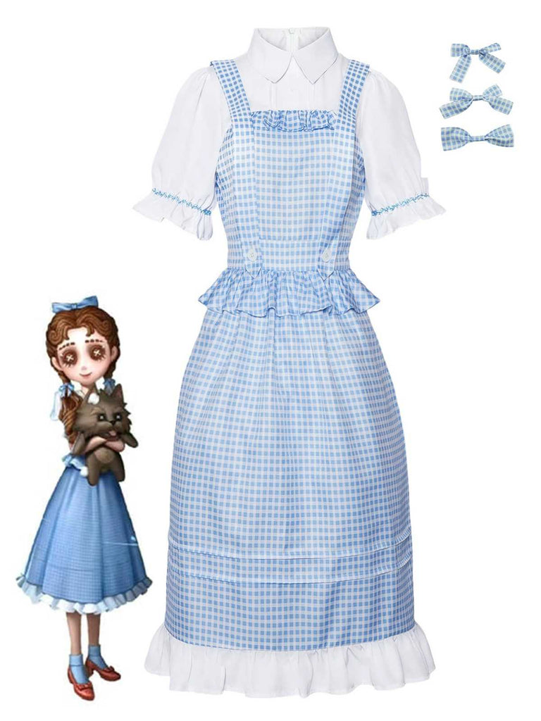 Blue 1970s Gingham Ruffle Puff Sleeve Costume Dress