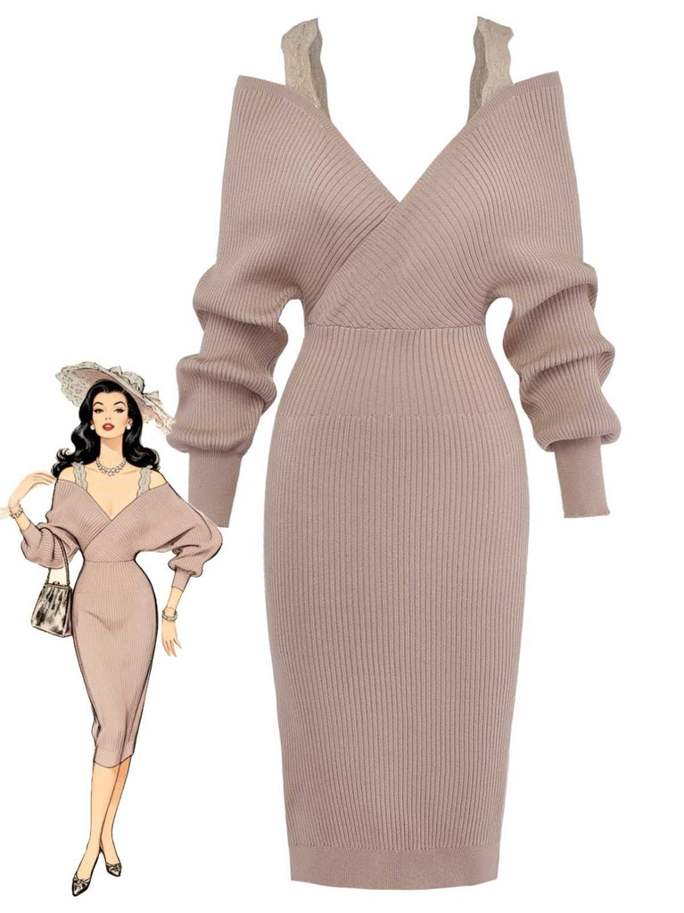 Khaki 1960s Cold Shoulder Lace Slit Knit Dress