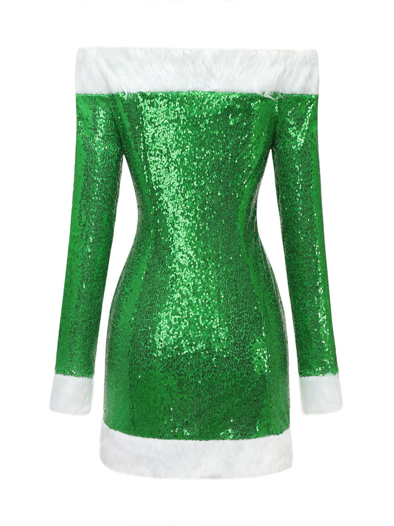 Green and White Faux Fur Christmas Dress 3