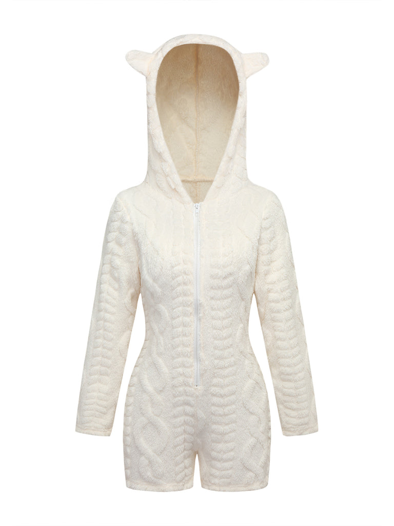 Hooded Teddy Bear Embroidered Fleece Romper 1