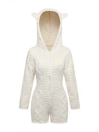 Hooded Teddy Bear Embroidered Fleece Romper 1