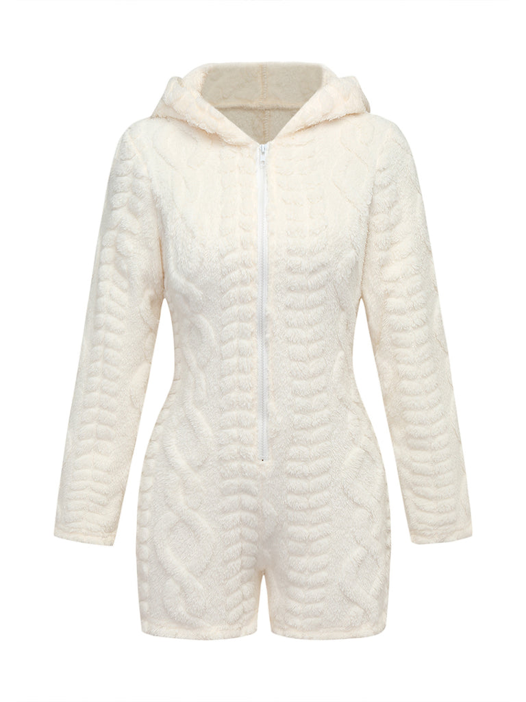 Hooded Teddy Bear Embroidered Fleece Romper 2