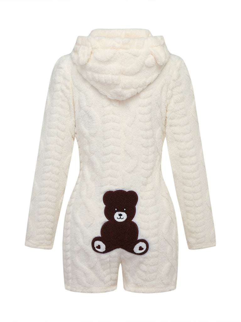 Hooded Teddy Bear Embroidered Fleece Romper 3