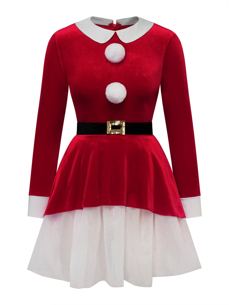 Faux Fur Belted Christmas Long Sleeve Dress 5