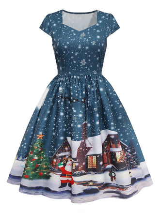 Dark Blue 1950s Santa Print Christmas Midi Dress