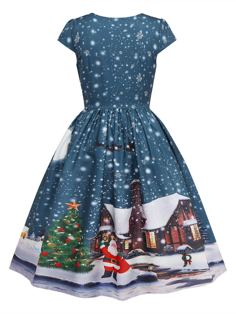 Dark Blue 1950s Santa Print Christmas Midi Dress