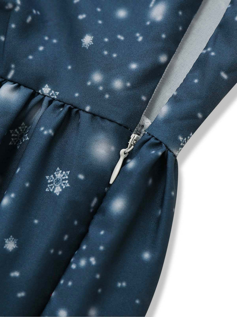 Dark Blue 1950s Santa Print Christmas Midi Dress