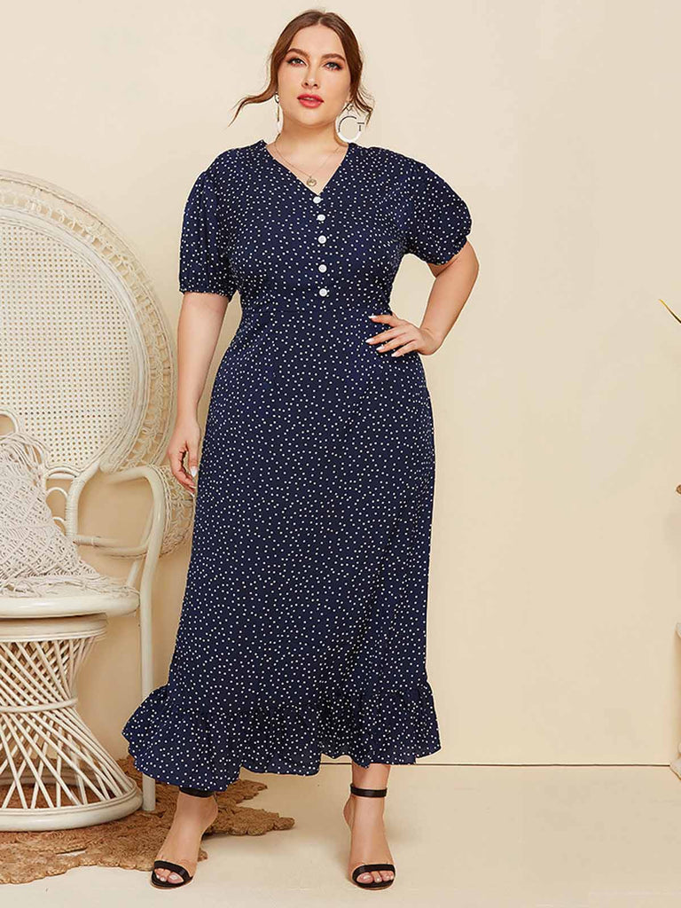 [Plus Size] Dark Blue 1930s V-Neck Polka Dot Dress