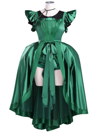 Green 1950s Wednesday Addams Inspired Satin Costume Set