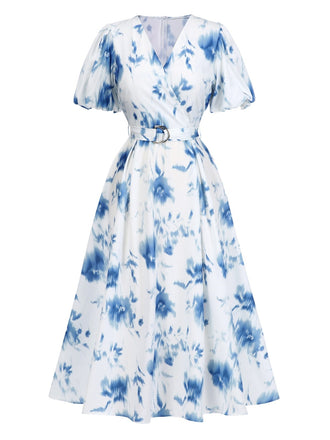 Light Blue 1950s Tie Dye Puff V-Neck Swing Dress
