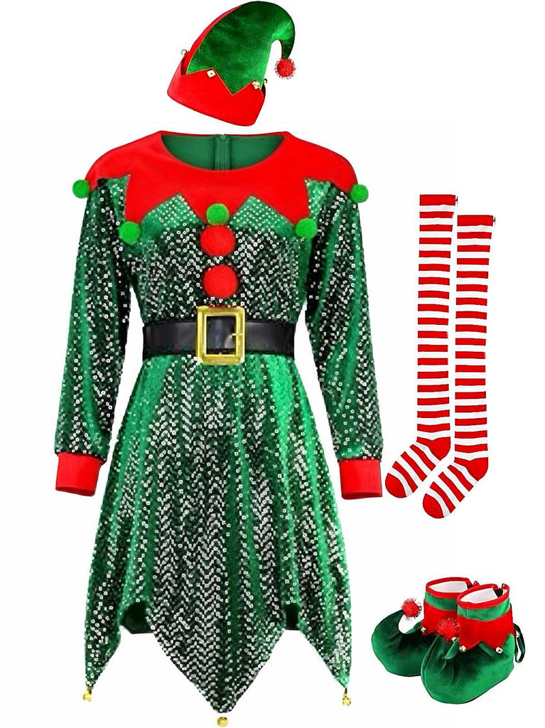 Green 1950s Sequin Christmas Elf Costume Set
