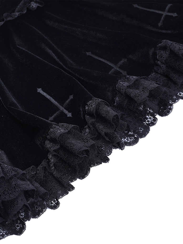 Black 1980s Solid Embroidered Lace Skirt