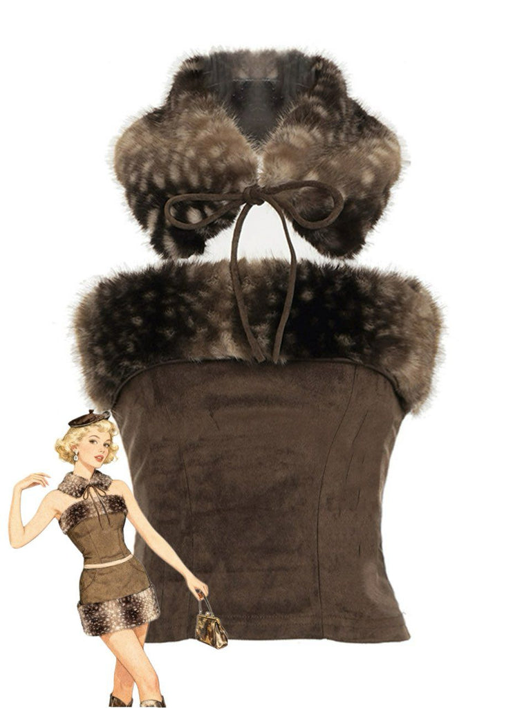 Brown 1980s Deer Faux Fur-Trimmed Crop Top