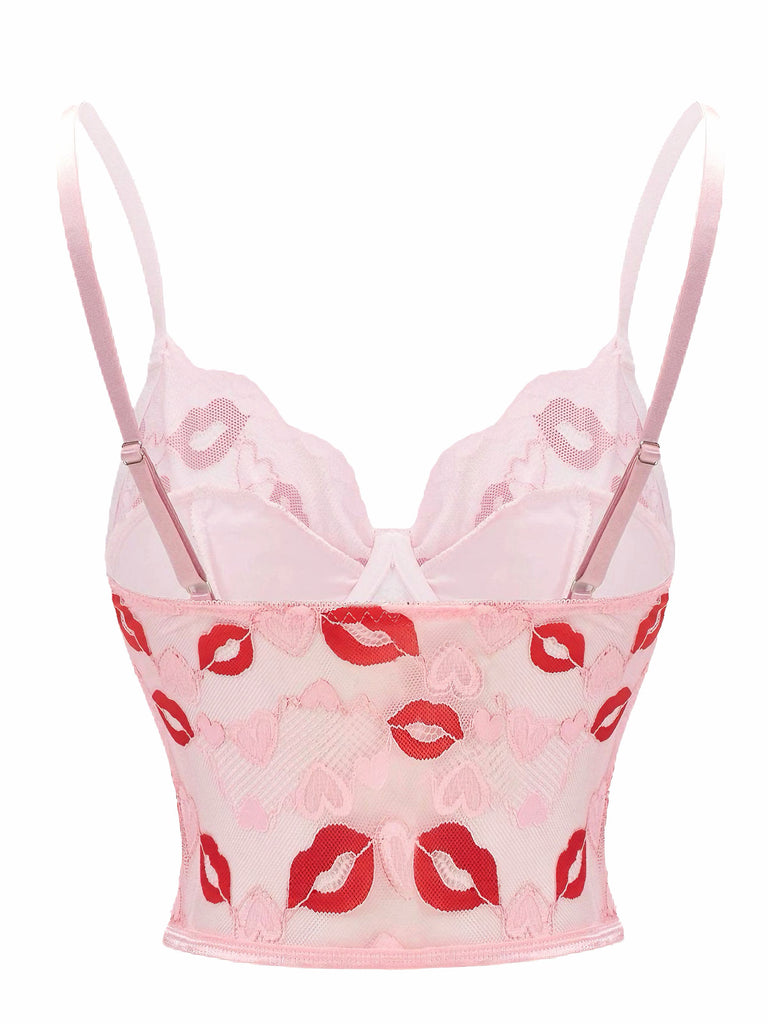Pink 1950s Valentine's Day Kiss Print Lace Corset