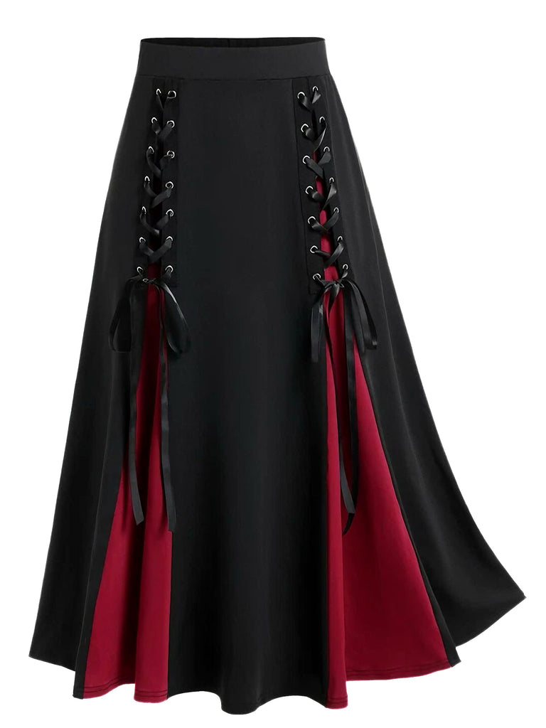 [Plus Size] 1970s Colorblock Lace-Up High-Waist Skirt