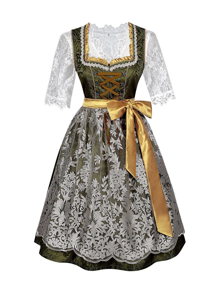 3PCS Green 1950s Lace Top & Jacquard Ribbon Dress