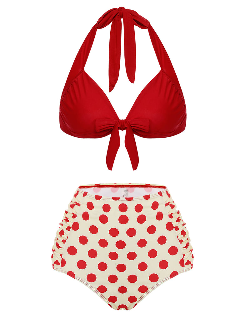 [US Warehouse] Red 1950s Polka Dots Halter Bikini Set