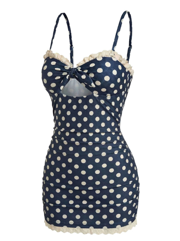 [Pre-Sale] Navy Blue 1930s Polka Dot Ruched Ruffle One-Piece Swimsuit