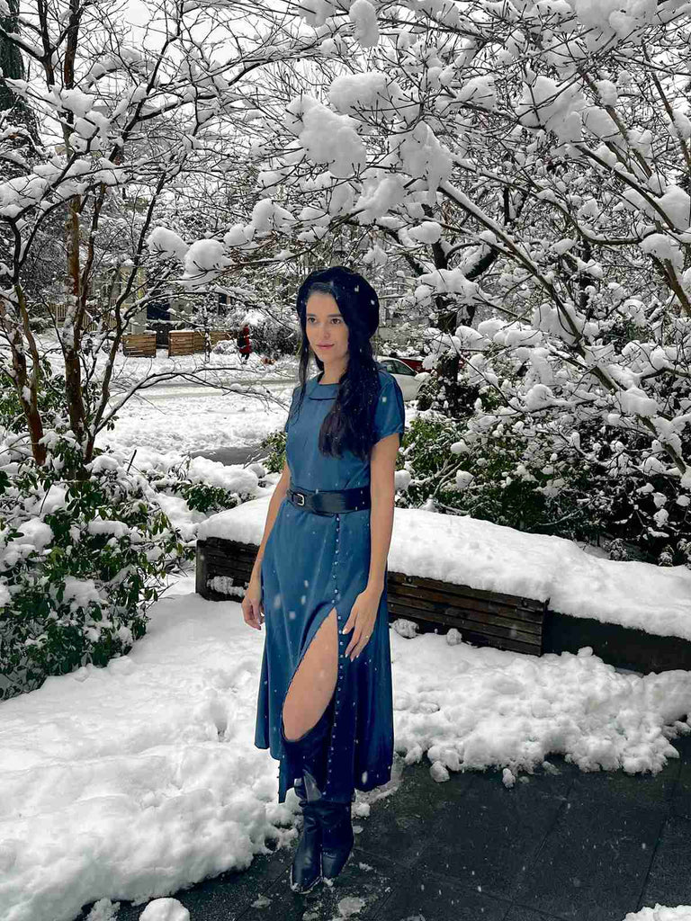 Blue 1940s Pearl Buttons Darlene Dress