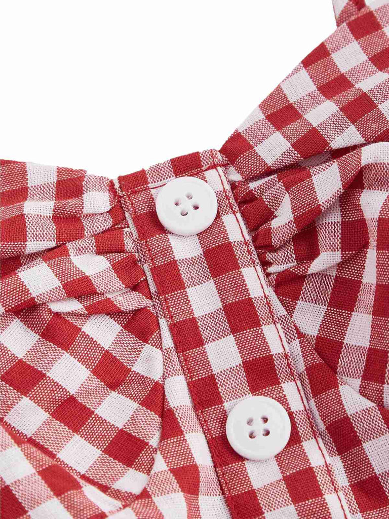 Red 1950s Gingham Plaid Button Spaghetti Strap Dress