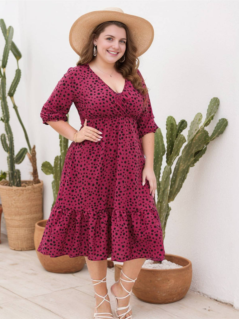 [Plus Size] 1950s V-neck Leopard Half Sleeve Dress