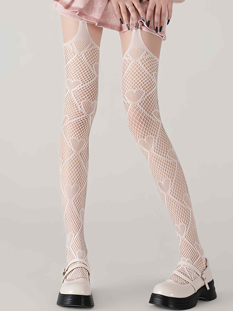 Heart Pattern Thigh High Fishnet Stockings