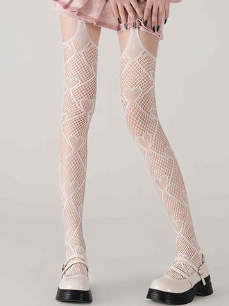 Heart Pattern Thigh High Fishnet Stockings