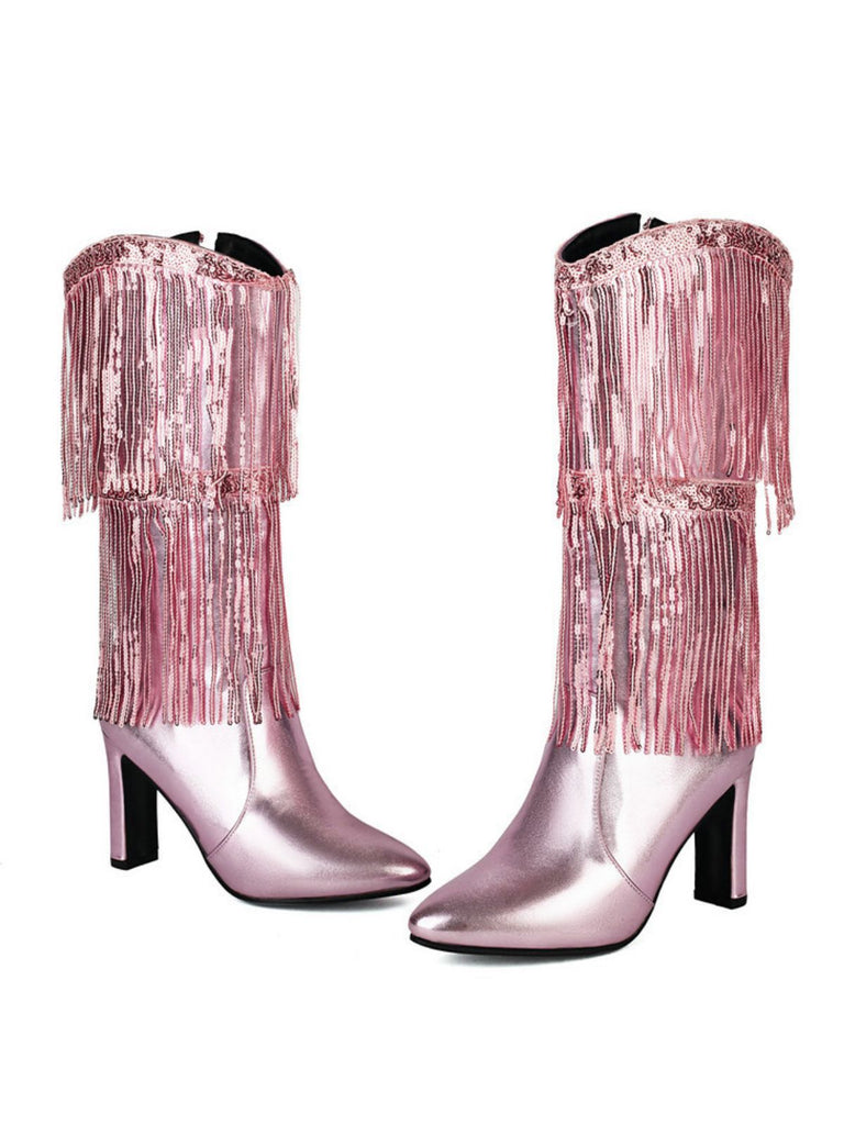 Metallic Pointed-Toe Fringed Disco Ankle Boots