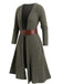 [Plus Size] Green 1940s Knit Layered Long Sleeve Belted Dress