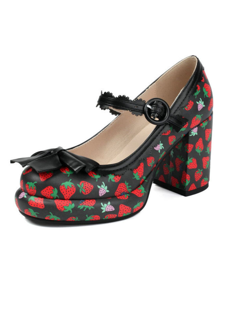 Retro Leather Strawberry Bow Chunky Heels