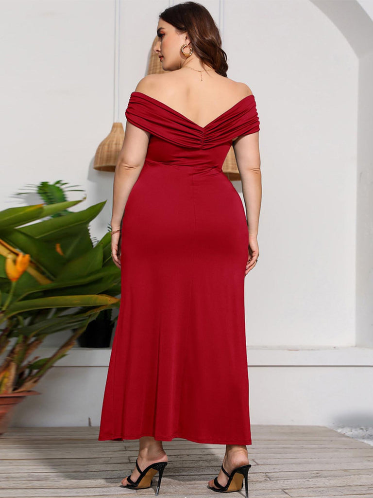 [Plus Size] 1930s Off-Shoulder Solid Long Dress