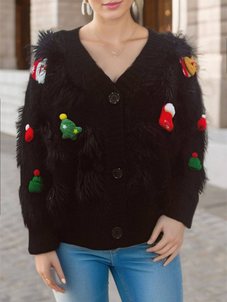 1970s 3D Christams Print Fluffy Knit Button Cardigan