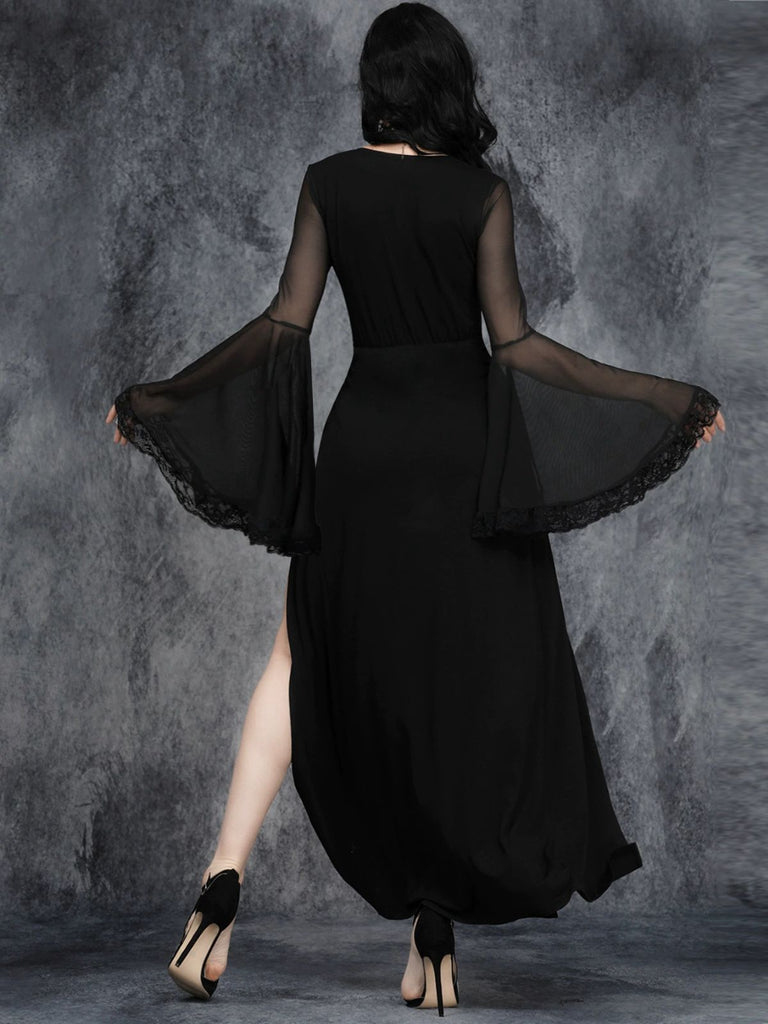 Black 1980s Gothic Slit Flared Sleeve Lace V-Neck Dress