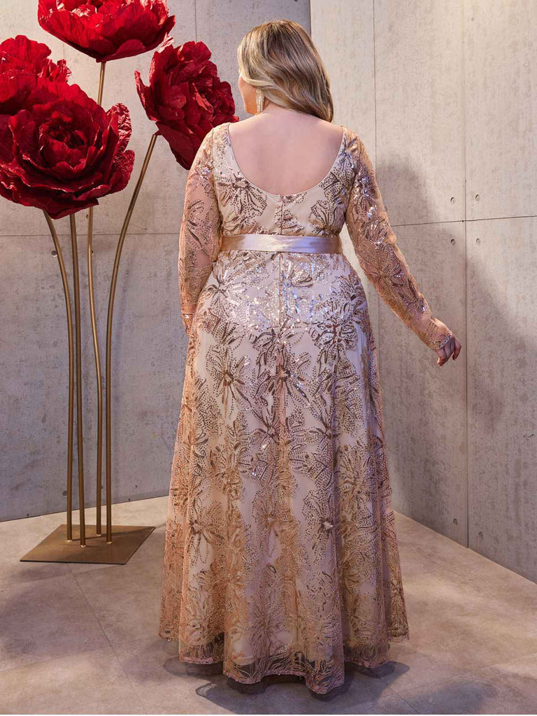 [Plus Size] Gold 1930s Sequined Deep V-Neck Backless Mesh Dress