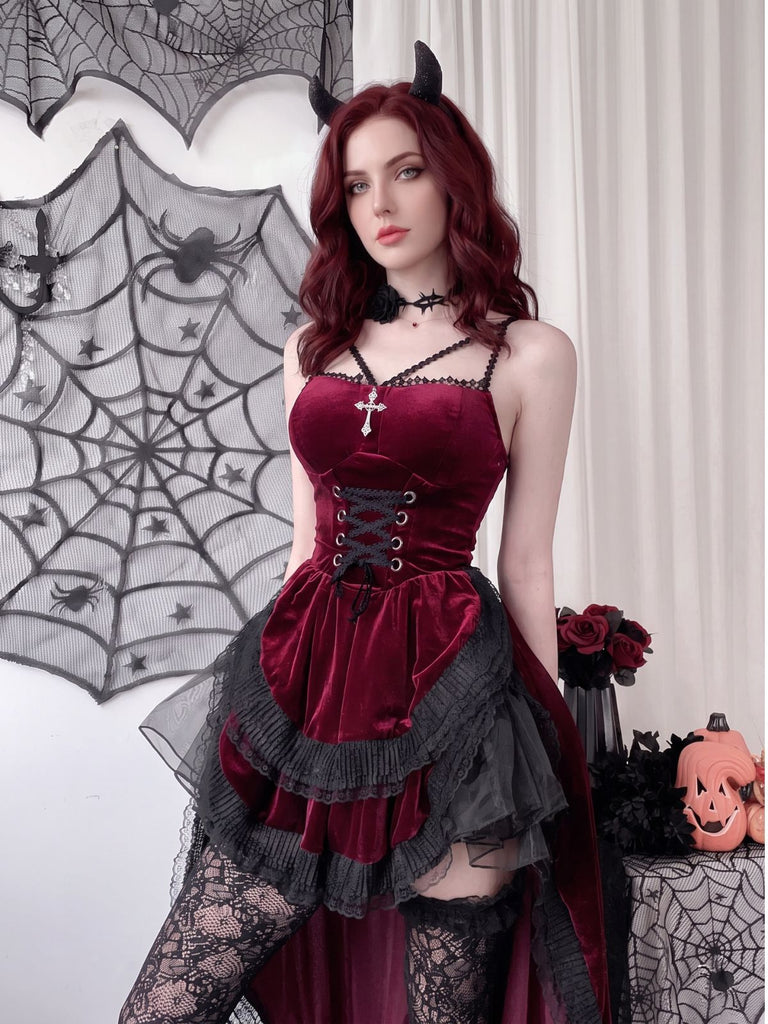1940s Halloween Gothic Velvet Bustle Tail Asymmetrical Dress
