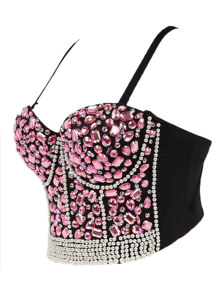 1970s Rhinestone Pearl Spaghetti Strap Corset Top