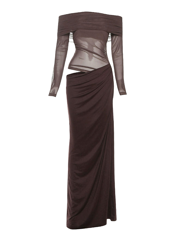 1980s Solid Off-Shoulder Mesh Cut-Out Sheer Dress