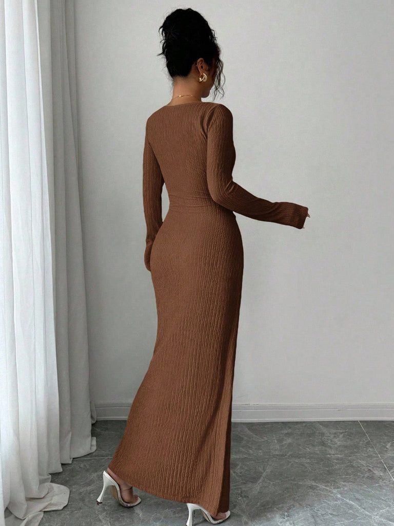 Beige 1930s Ribbed Long Sleeve Split Dress