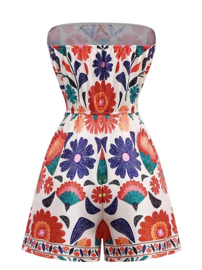 Multicolor 1960s Floral Bandeau Backless Romper