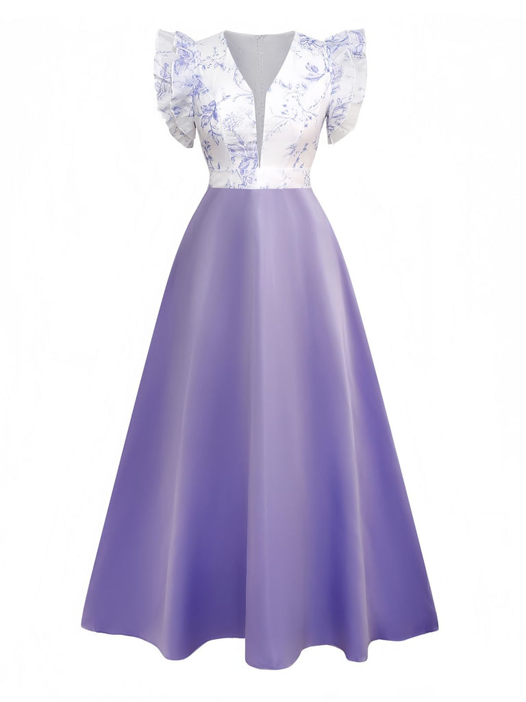 1930s Floral Flounce Sleeve V-Neck Patchwork Dress