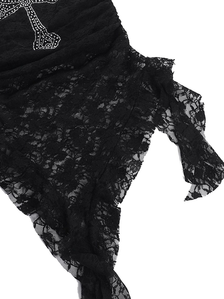 Black 1980s Cross Rhinestone Lace Strapless Tank Top