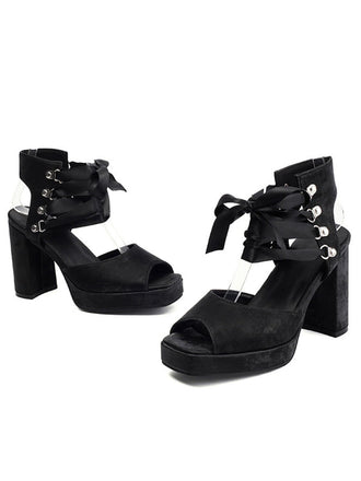 Ribbon Bow Lace-Up Chunky Heel Sandals