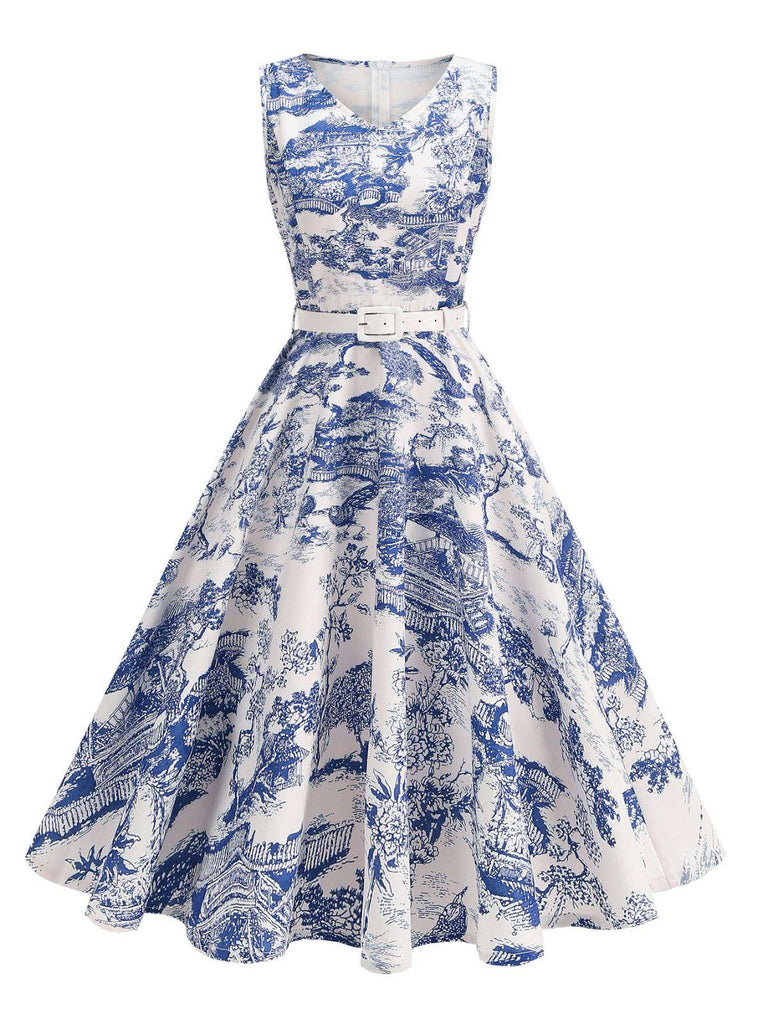 1950s Porcelain Landscape Sleeveless Belted Dress