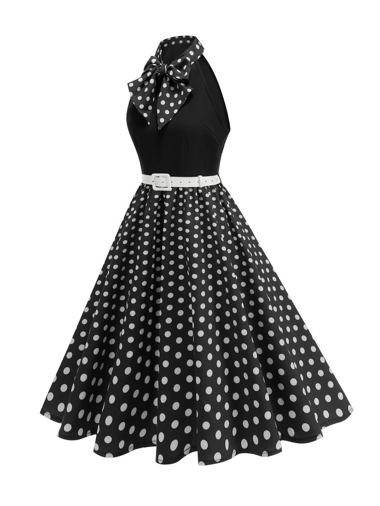 1950s Bow Tie Neck Polka Dot Belted Dress