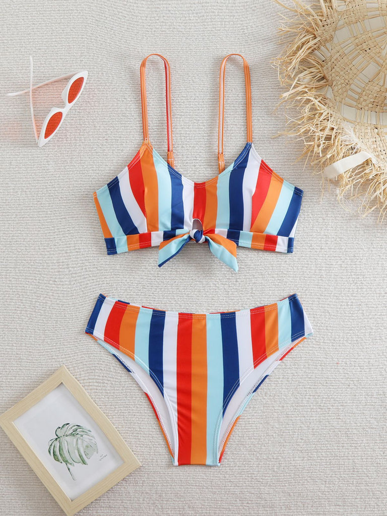 1940s Spaghetti Strap Bow Contrast Stripes Bikini