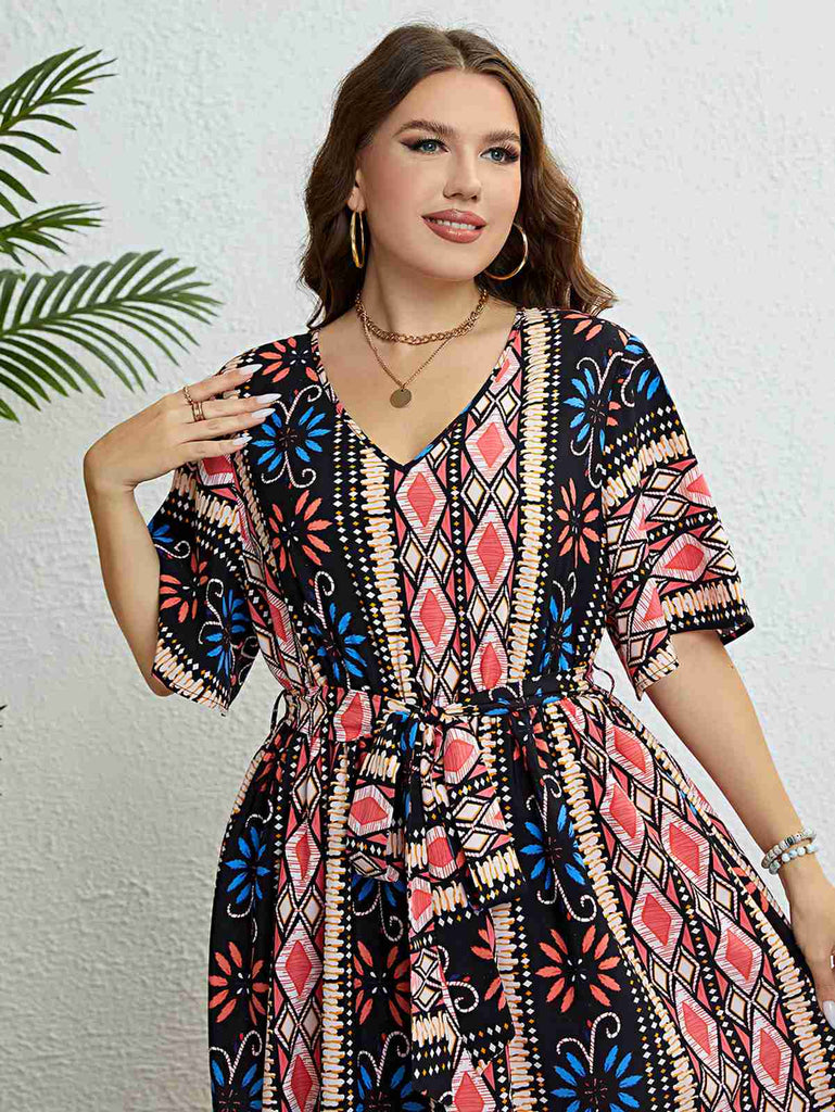 [Plus Size] 1950s V-Neck Geometric Tie Waist Dress