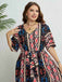 [Plus Size] 1950s V-Neck Geometric Tie Waist Dress