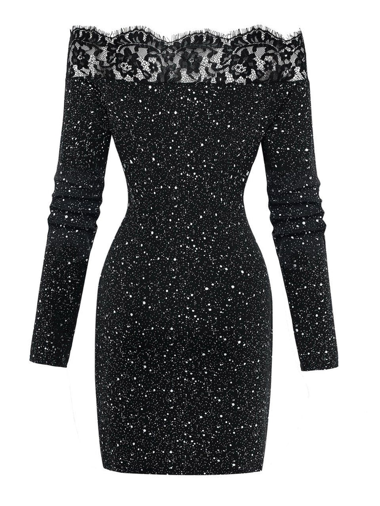 Black 1980s Lace Off-Shoulder Metallic Silver Splash Bodycon Dress